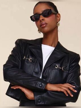 Avec Les Filles Equestrian-Detail Vegan Leather Black Jacket w/Gold Hardware Lrg